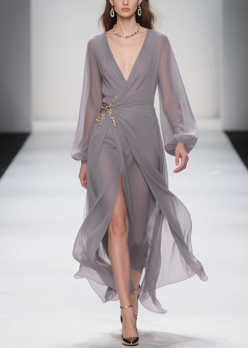 Chiffon Wrap Deep V-Neck Bishop Sleeve Brooch Waist Maxi Gown - View 3
