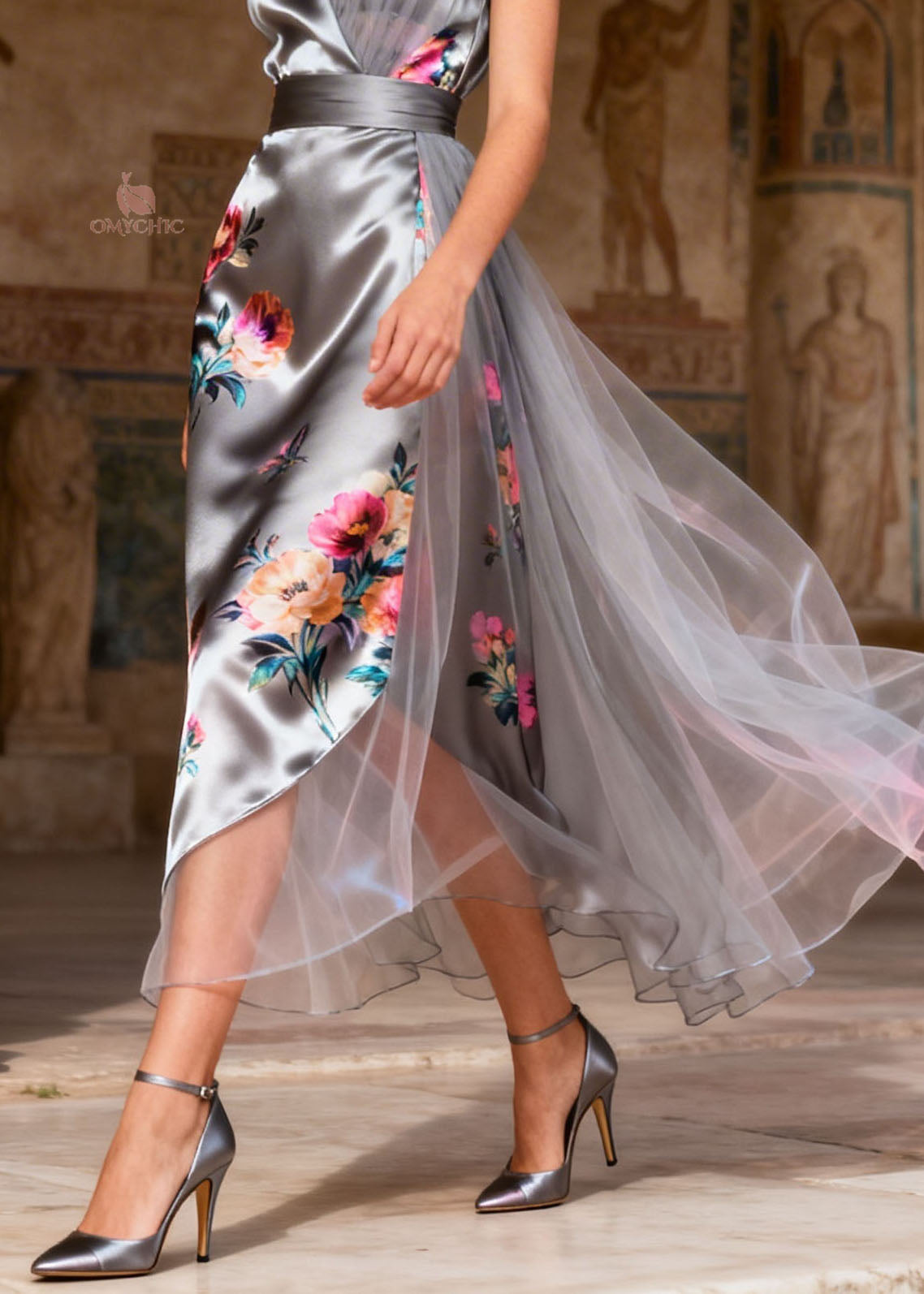 Satin Floral Print Cap Sleeve Asymmetrical Tulle Wrap Maxi Gown - View 4