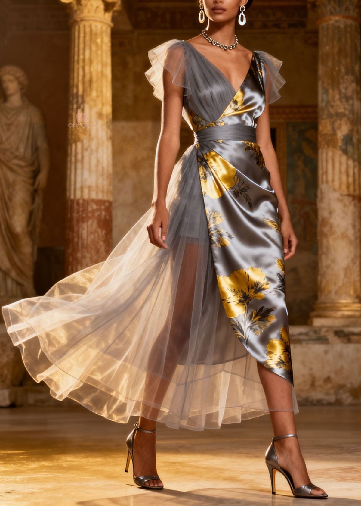 Floral Print Satin Tulle Panel Deep V-Neck Wrap Midi Dress - View 3