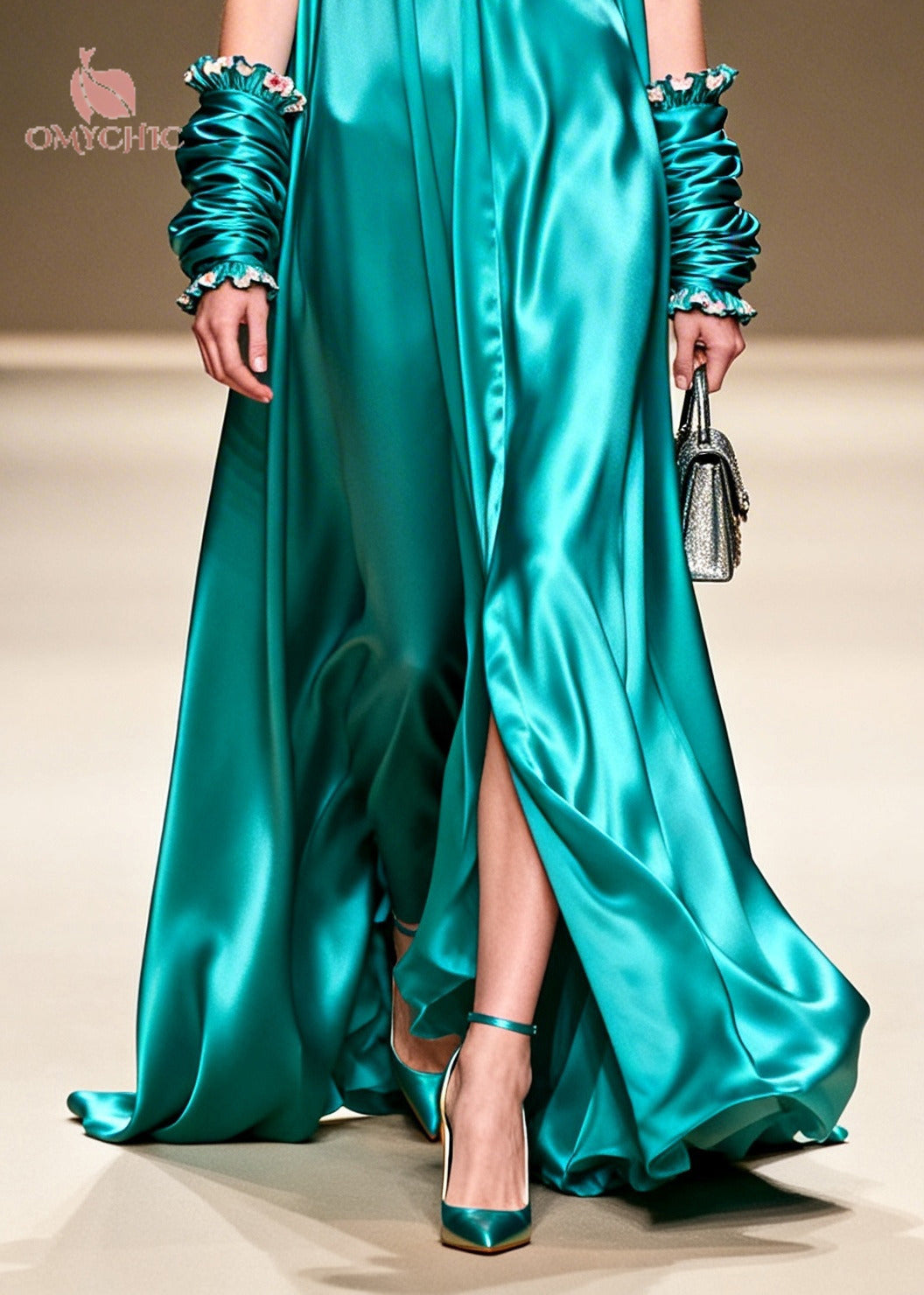 Satin Ruffle Floral Trim Deep V-Neck High Split Maxi Gown - View 2
