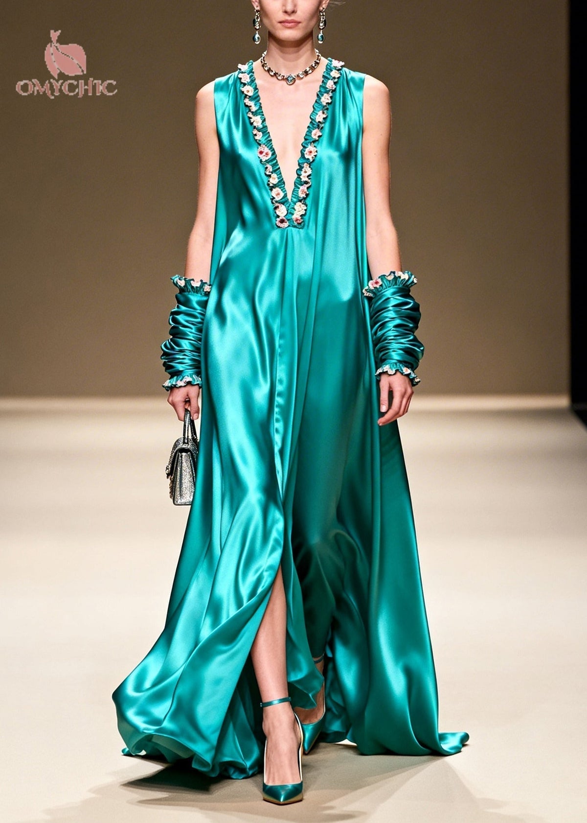 Satin Ruffle Floral Trim Deep V-Neck High Split Maxi Gown - View 3