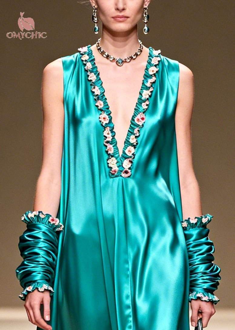 Satin Ruffle Floral Trim Deep V-Neck High Split Maxi Gown - View 4