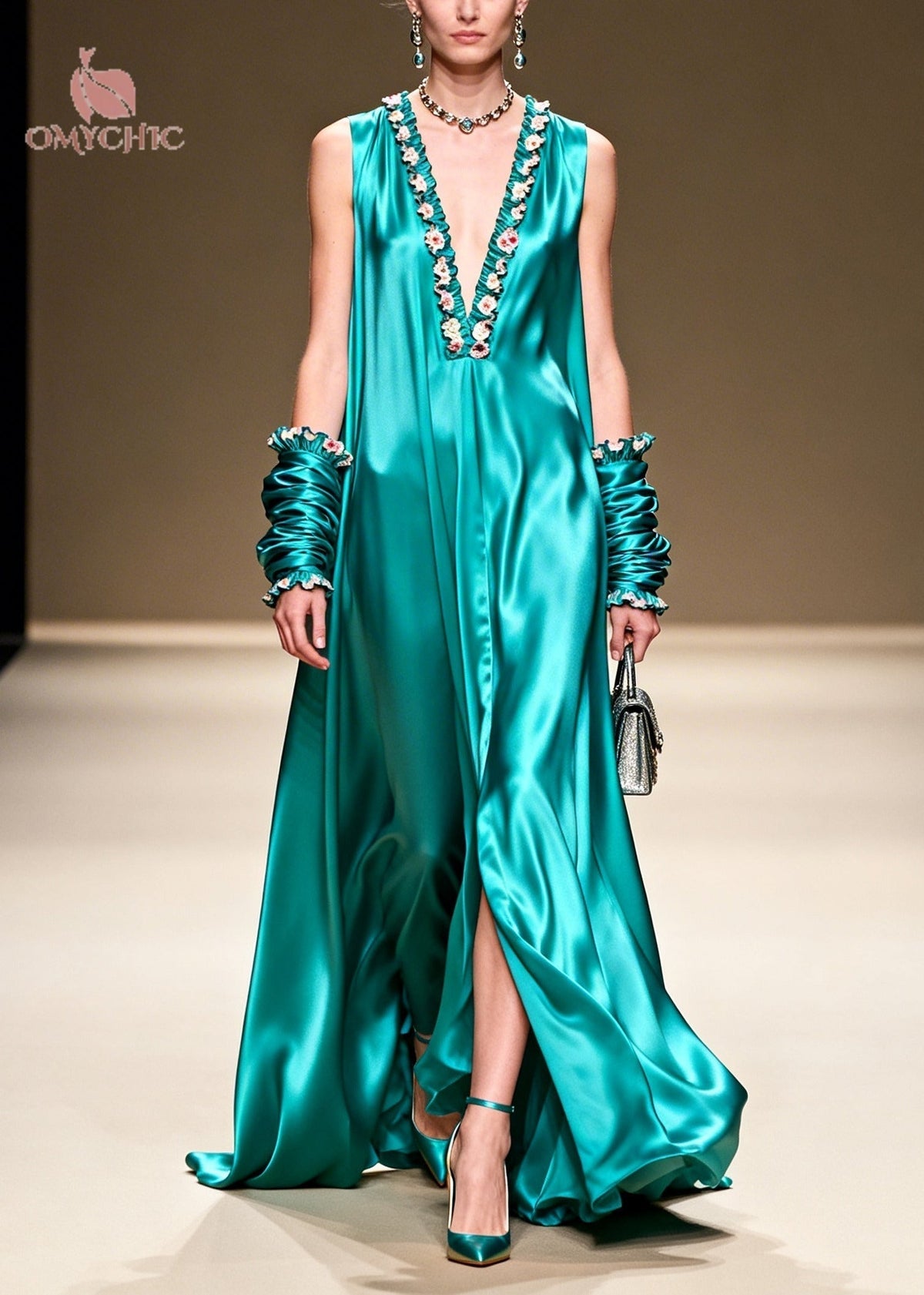 Satin Ruffle Floral Trim Deep V-Neck High Split Maxi Gown - View 5
