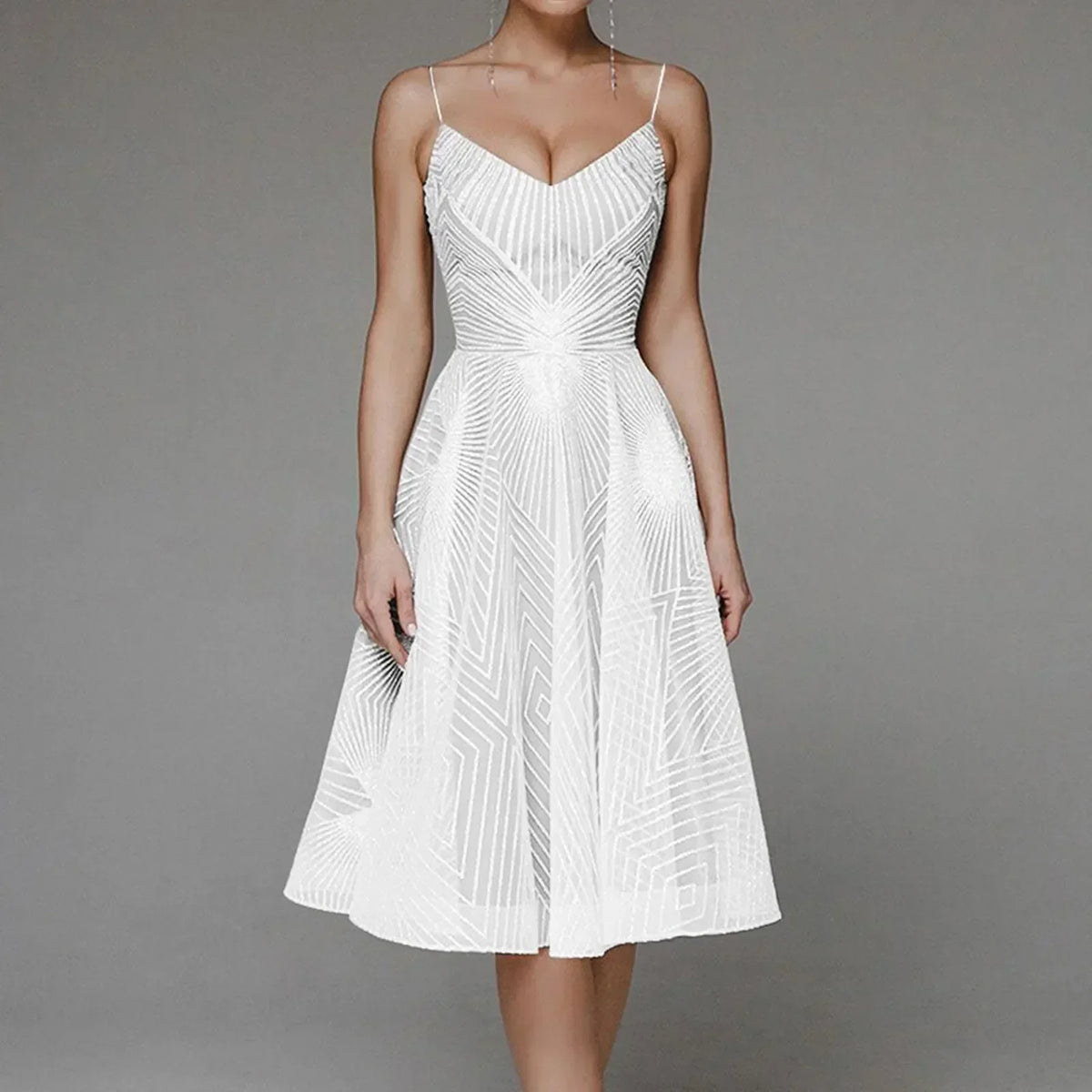 Glitter Spaghetti Strap V-Neck A-Line Midi Party Dress - View 14