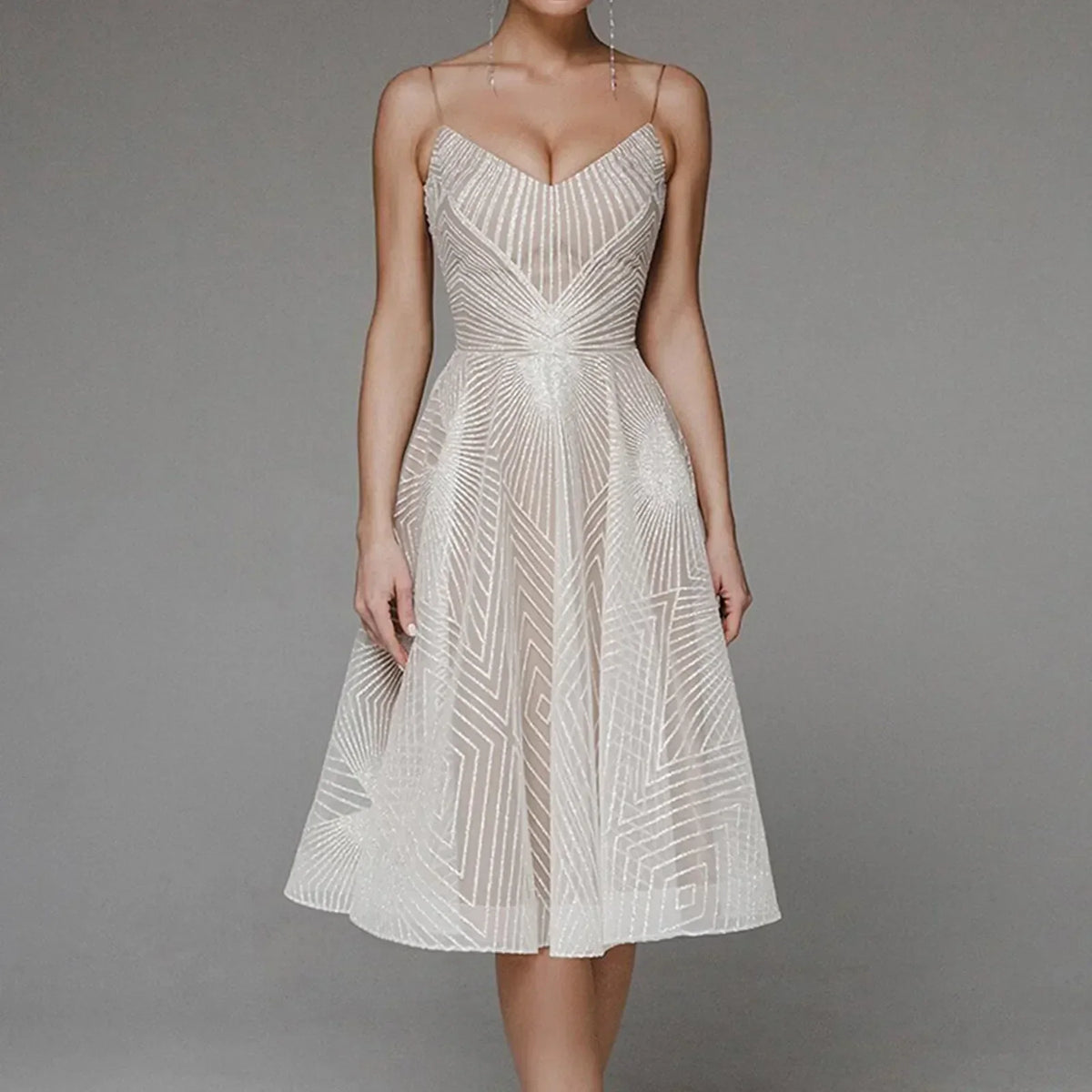 Glitter Spaghetti Strap V-Neck A-Line Midi Party Dress - View 7