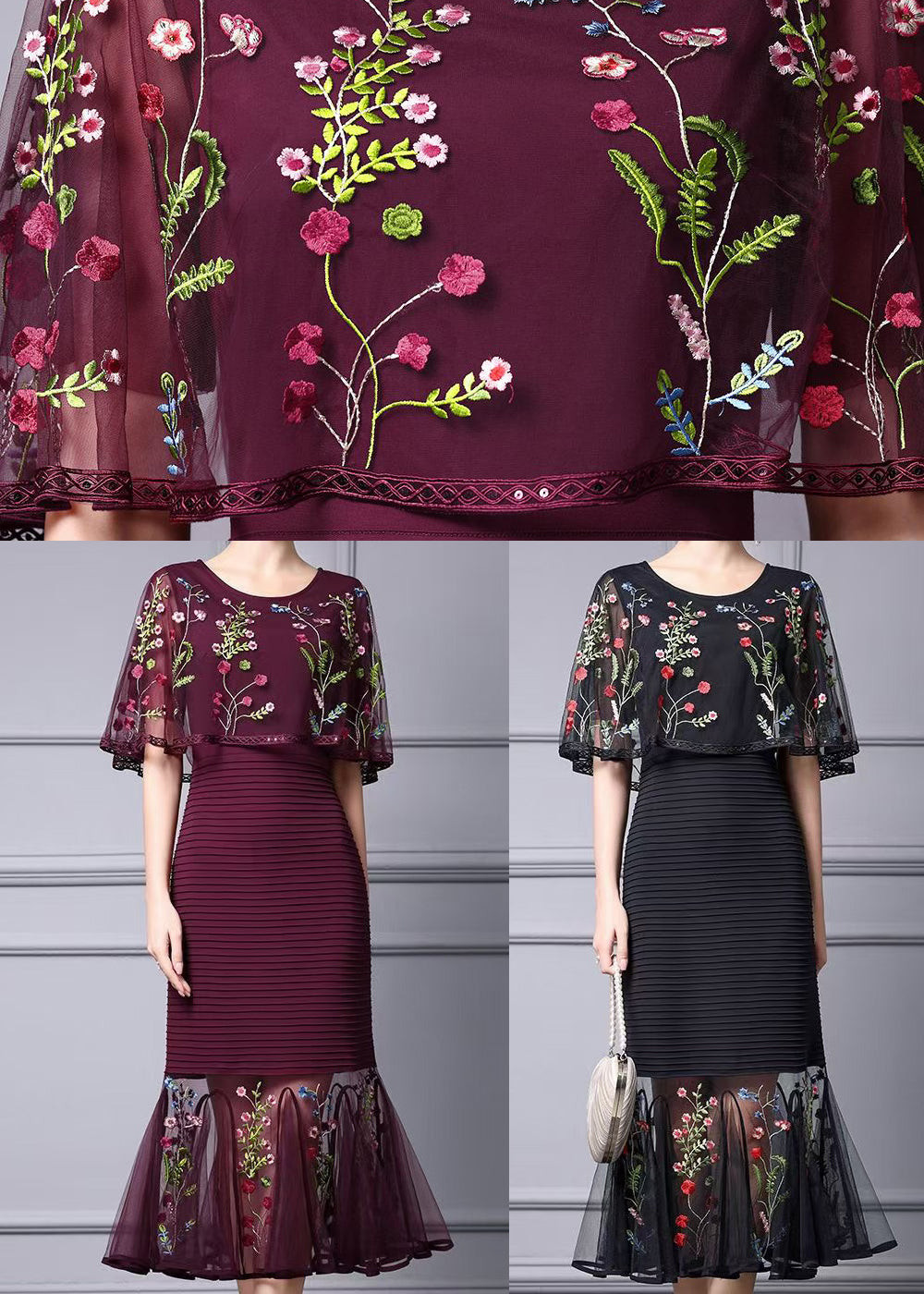 Velvet Floral Print Off Shoulder Cape Sleeve Maxi Dress - View 5