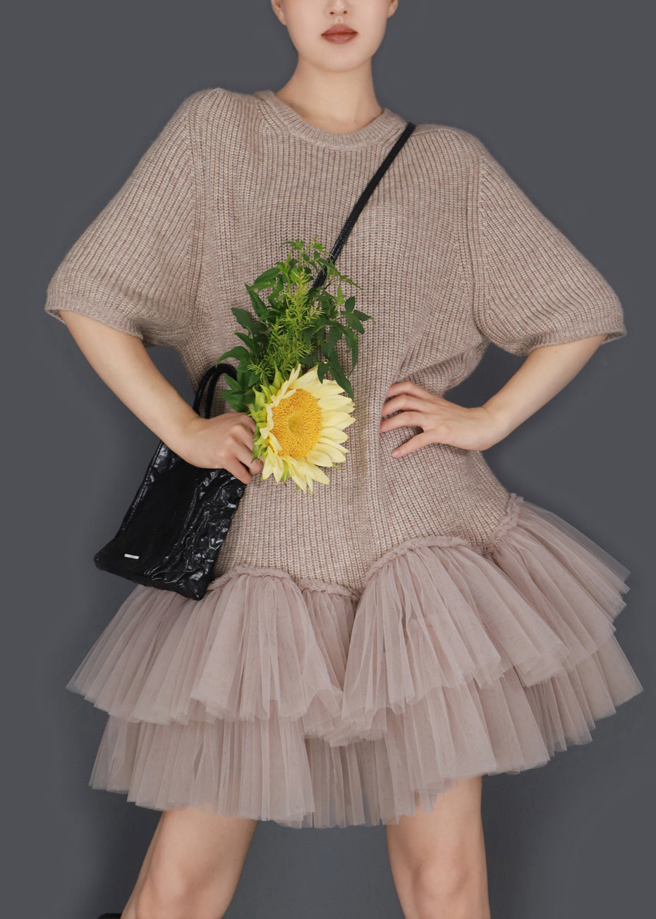 Knit Tulle Tiered Patchwork Crew Neck Balloon Skirt Mini Dress - View 2