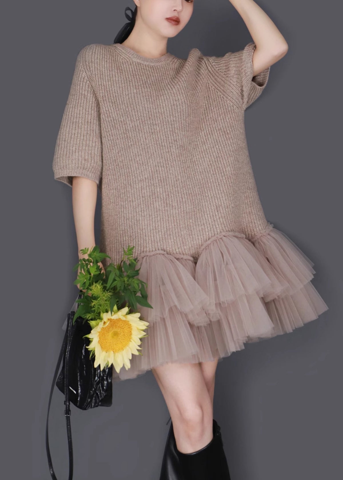 Knit Tulle Tiered Patchwork Crew Neck Balloon Skirt Mini Dress - View 3
