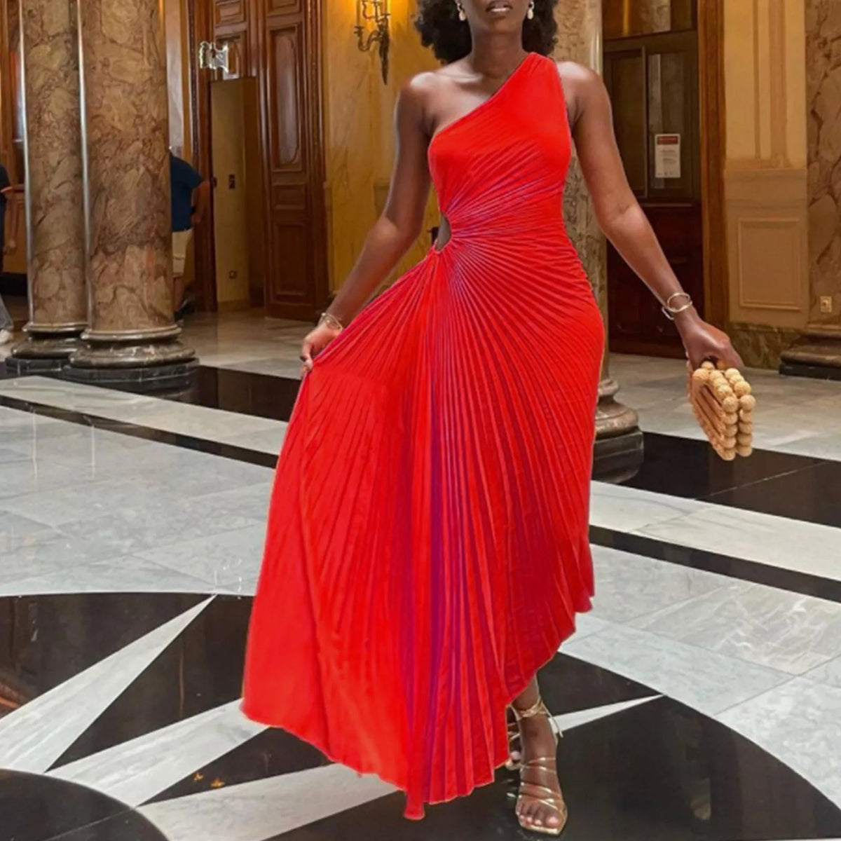 One Shoulder Pleated Cut Out High Split A-Line Maxi Dress - View 4