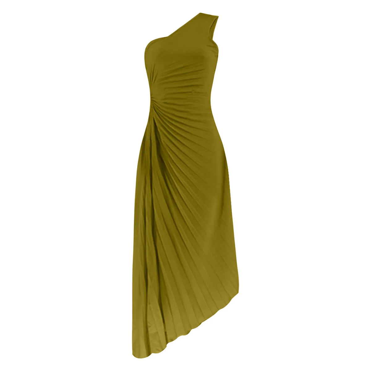 One Shoulder Pleated Cut Out High Split A-Line Maxi Dress - View 9