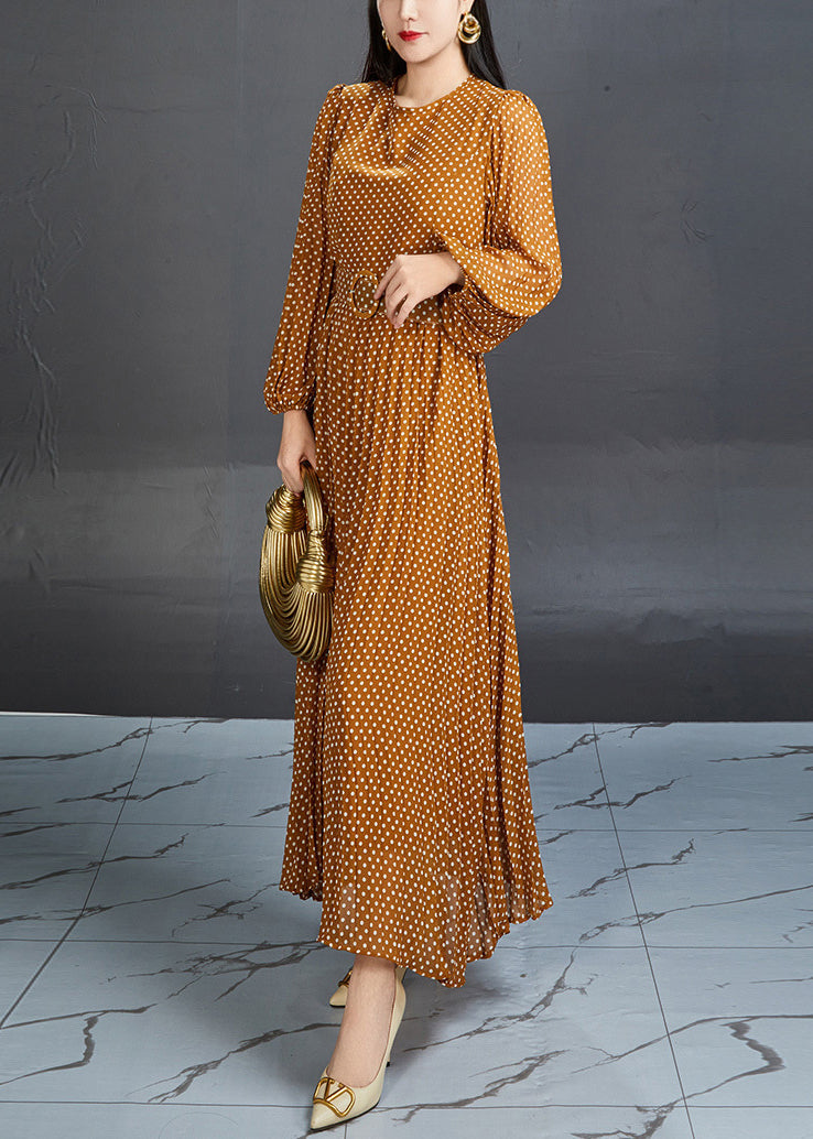 Polka Dot Bishop Sleeve Belted Waist Chiffon Maxi Dress - View 4