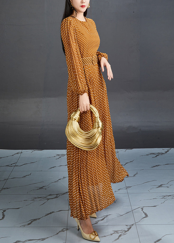 Polka Dot Bishop Sleeve Belted Waist Chiffon Maxi Dress - View 5