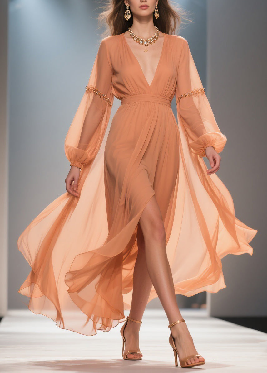 Chiffon Deep V-Neck Bishop Sleeve Beaded Sleeve Wrap Maxi Gown