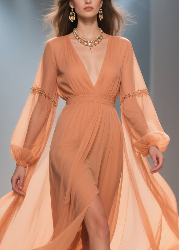 Chiffon Deep V-Neck Bishop Sleeve Beaded Sleeve Wrap Maxi Gown - View 2