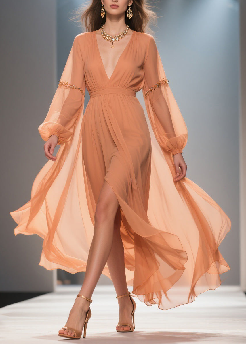 Chiffon Deep V-Neck Bishop Sleeve Beaded Sleeve Wrap Maxi Gown - View 3