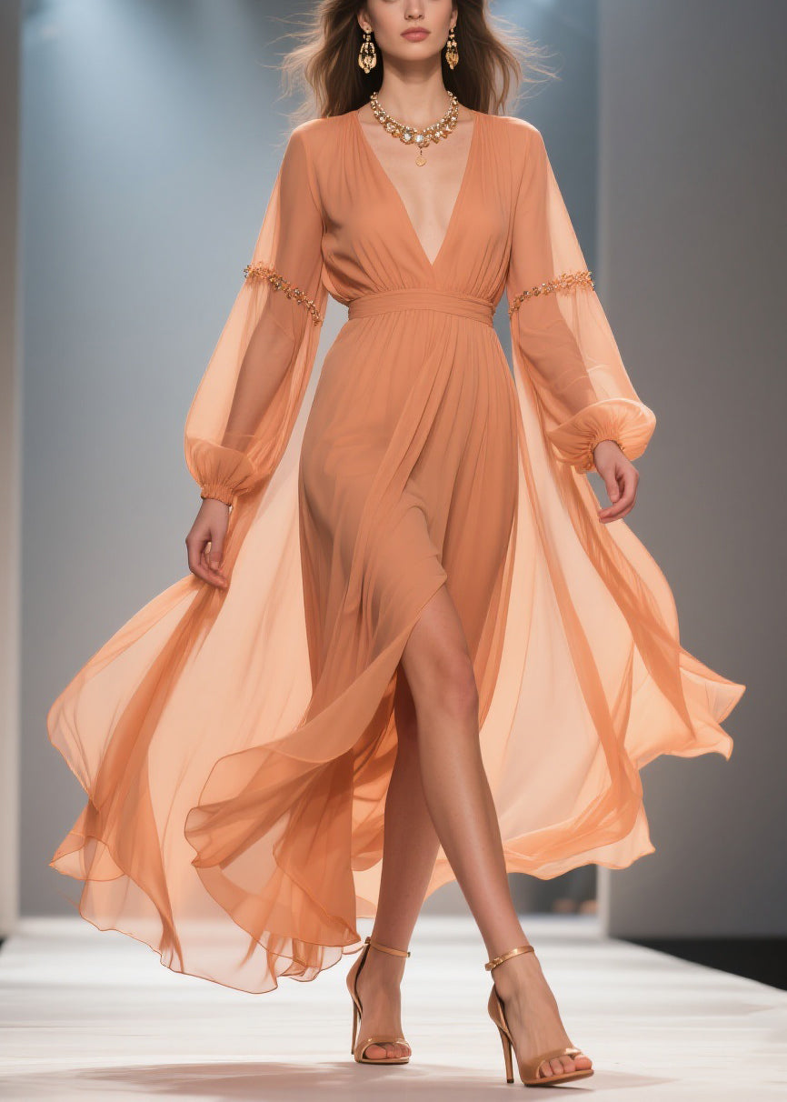 Chiffon Deep V-Neck Bishop Sleeve Beaded Sleeve Wrap Maxi Gown - View 5
