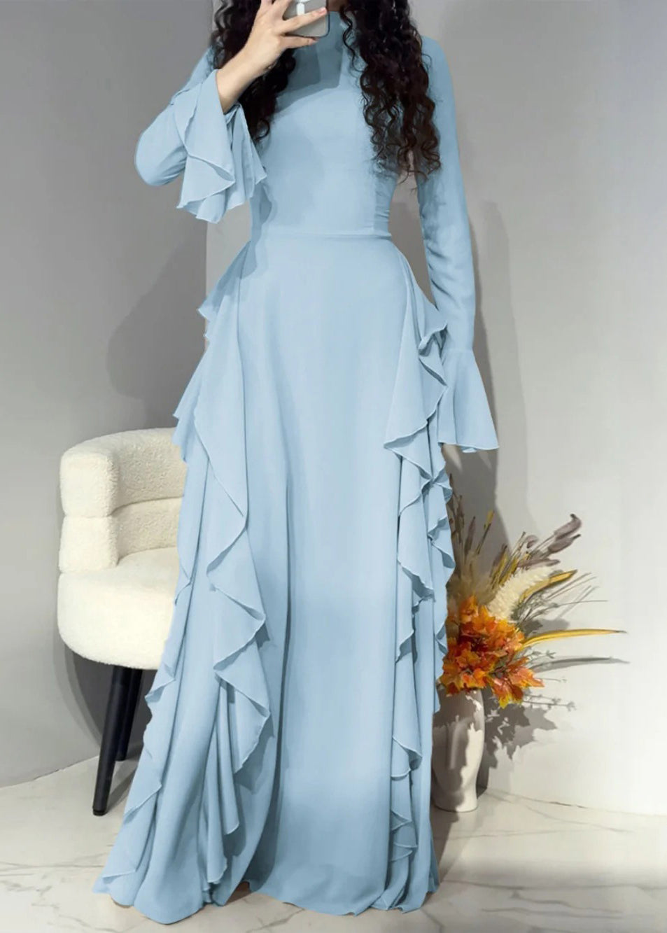 Elegant Pink Solid High Waist Chiffon Maxi Dresses Flare Sleeve - View 3