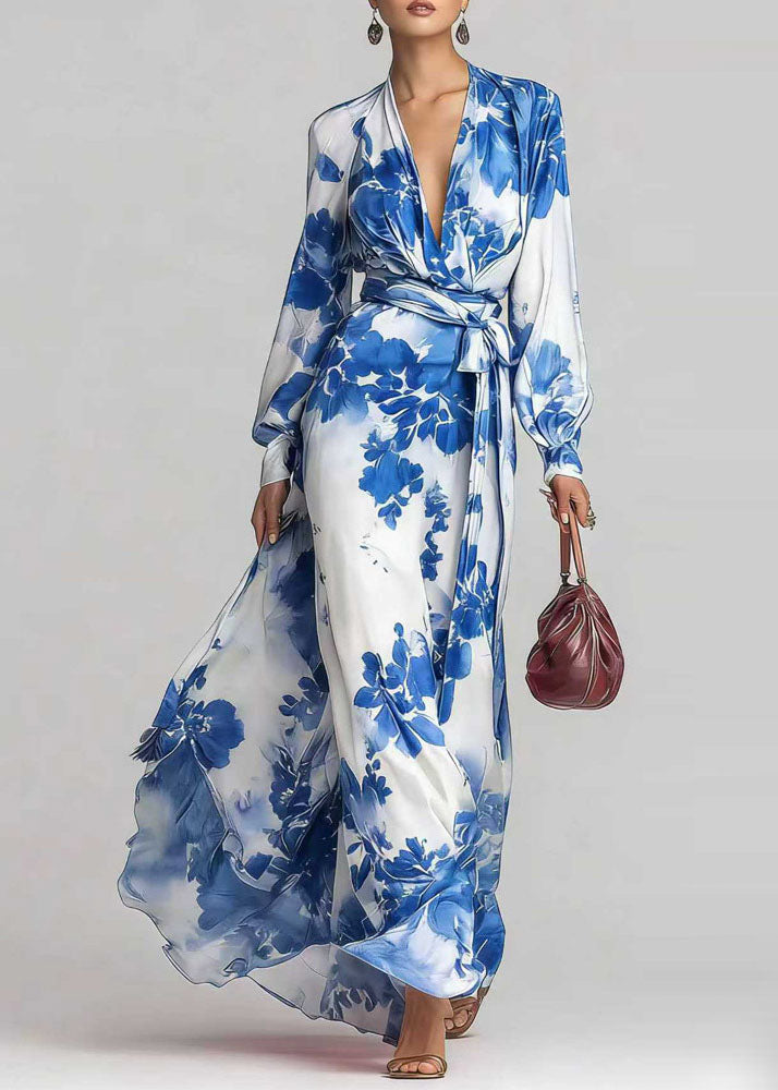 Chiffon Deep V-Neck Wrap Long Sleeve Tie Waist Floral Maxi Dress - View 2