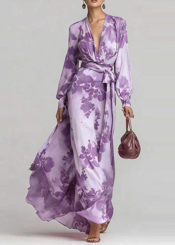 Chiffon Deep V-Neck Wrap Long Sleeve Tie Waist Floral Maxi Dress - View 3