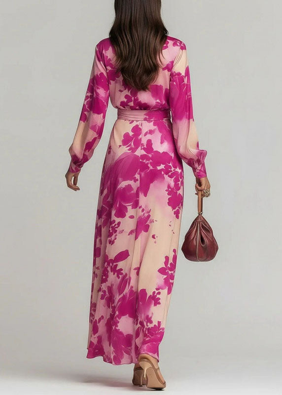 Chiffon Deep V-Neck Wrap Long Sleeve Tie Waist Floral Maxi Dress - View 4