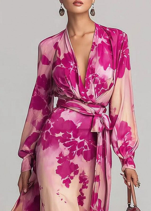 Chiffon Deep V-Neck Wrap Long Sleeve Tie Waist Floral Maxi Dress - View 5