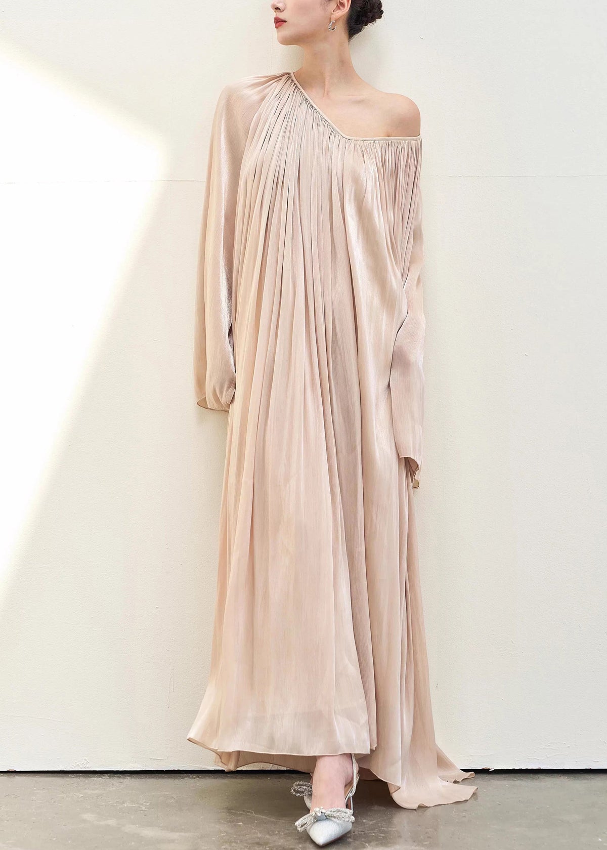 Satin Accordion Pleated One Shoulder Bell Sleeve Flowy Maxi Dress - View 2