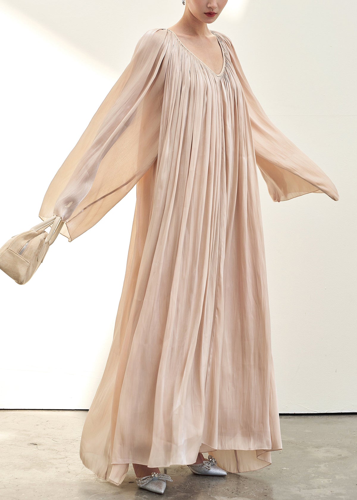 Satin Accordion Pleated One Shoulder Bell Sleeve Flowy Maxi Dress - View 3