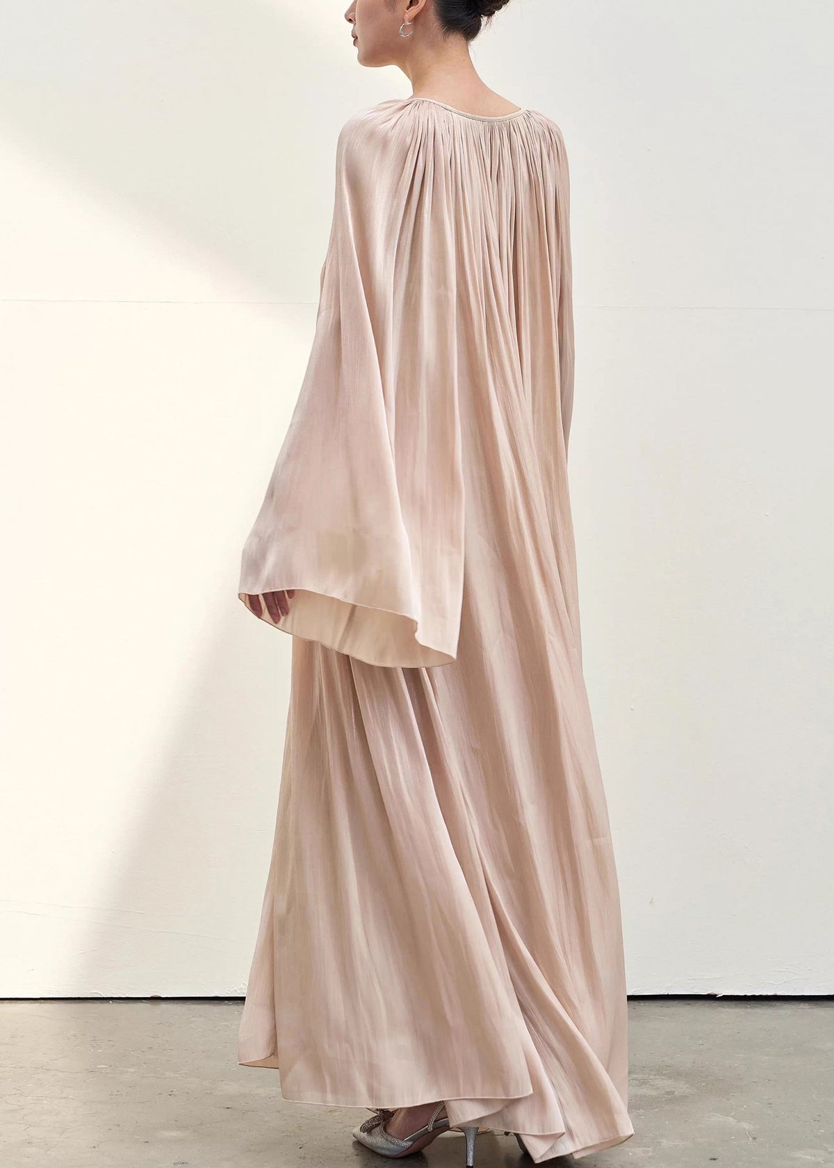 Satin Accordion Pleated One Shoulder Bell Sleeve Flowy Maxi Dress - View 5