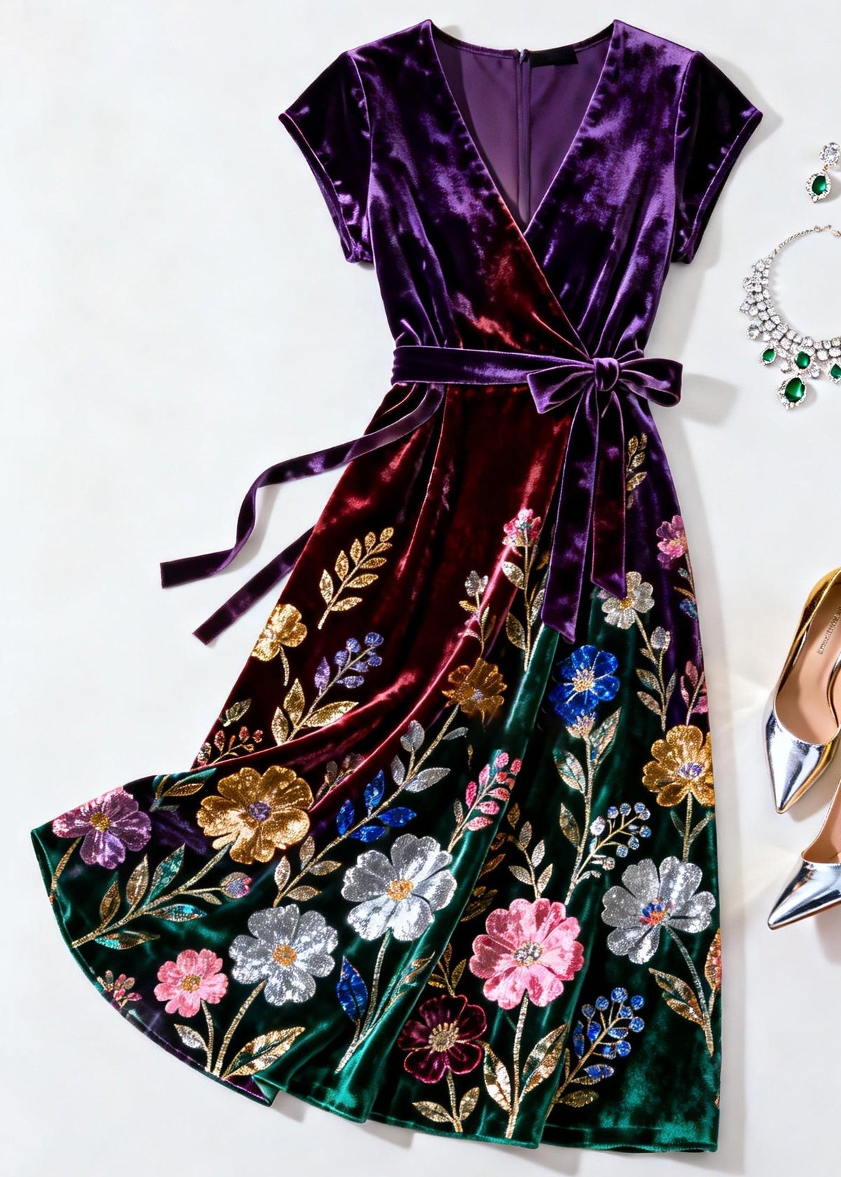 Velvet Wrap V-Neck Cap Sleeve Sequin Floral Midi Dress