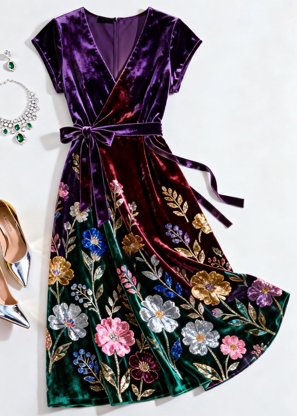 Velvet Wrap V-Neck Cap Sleeve Sequin Floral Midi Dress - View 3