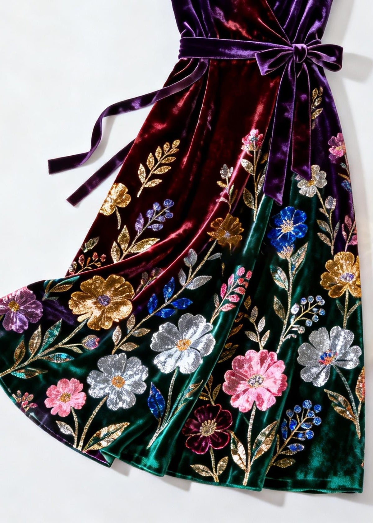 Velvet Wrap V-Neck Cap Sleeve Sequin Floral Midi Dress - View 4