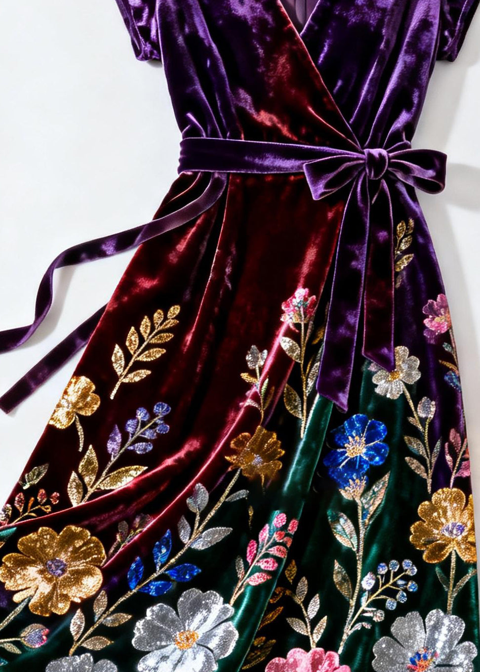 Velvet Wrap V-Neck Cap Sleeve Sequin Floral Midi Dress - View 5