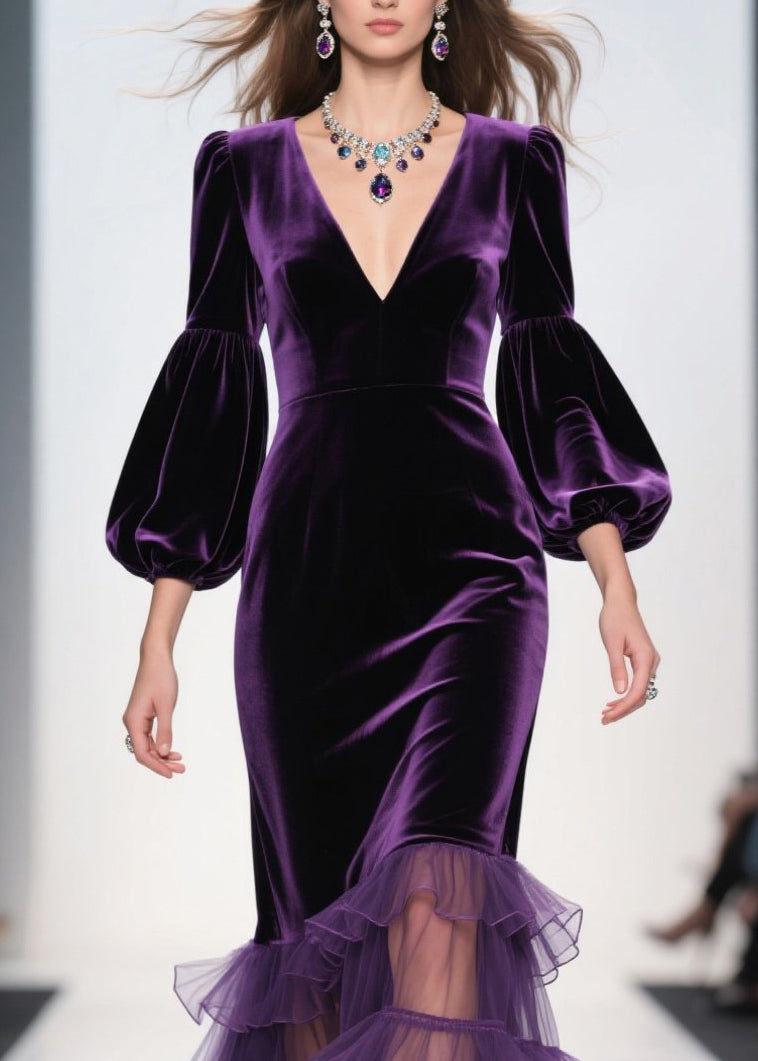Elegant Purple V Neck Ruffled Patchwork Velvet Maxi Dresses Fall - View 2