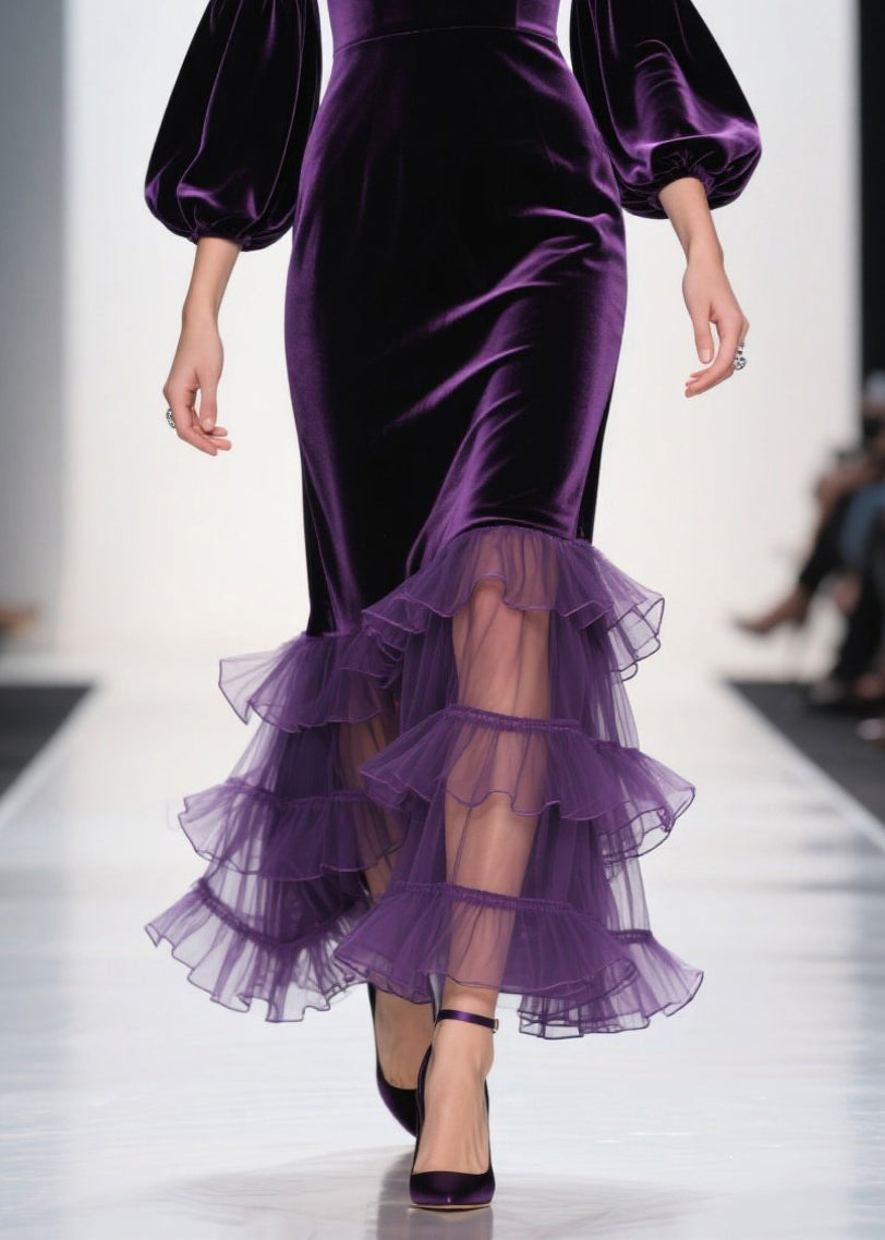 Elegant Purple V Neck Ruffled Patchwork Velvet Maxi Dresses Fall - View 4