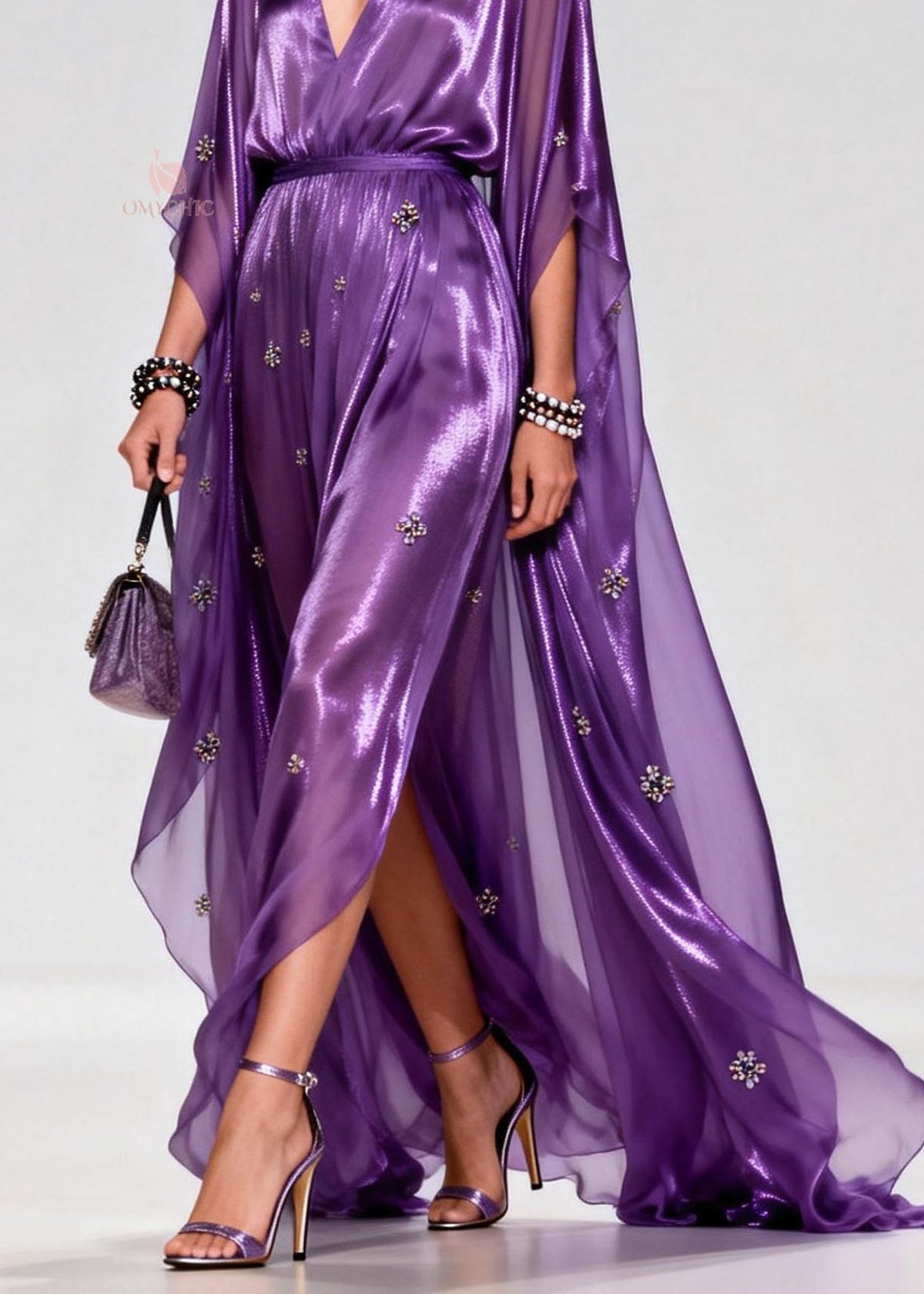 Metallic Deep V-Neck Cape Sleeve Rhinestone High Split Maxi Gown - View 4