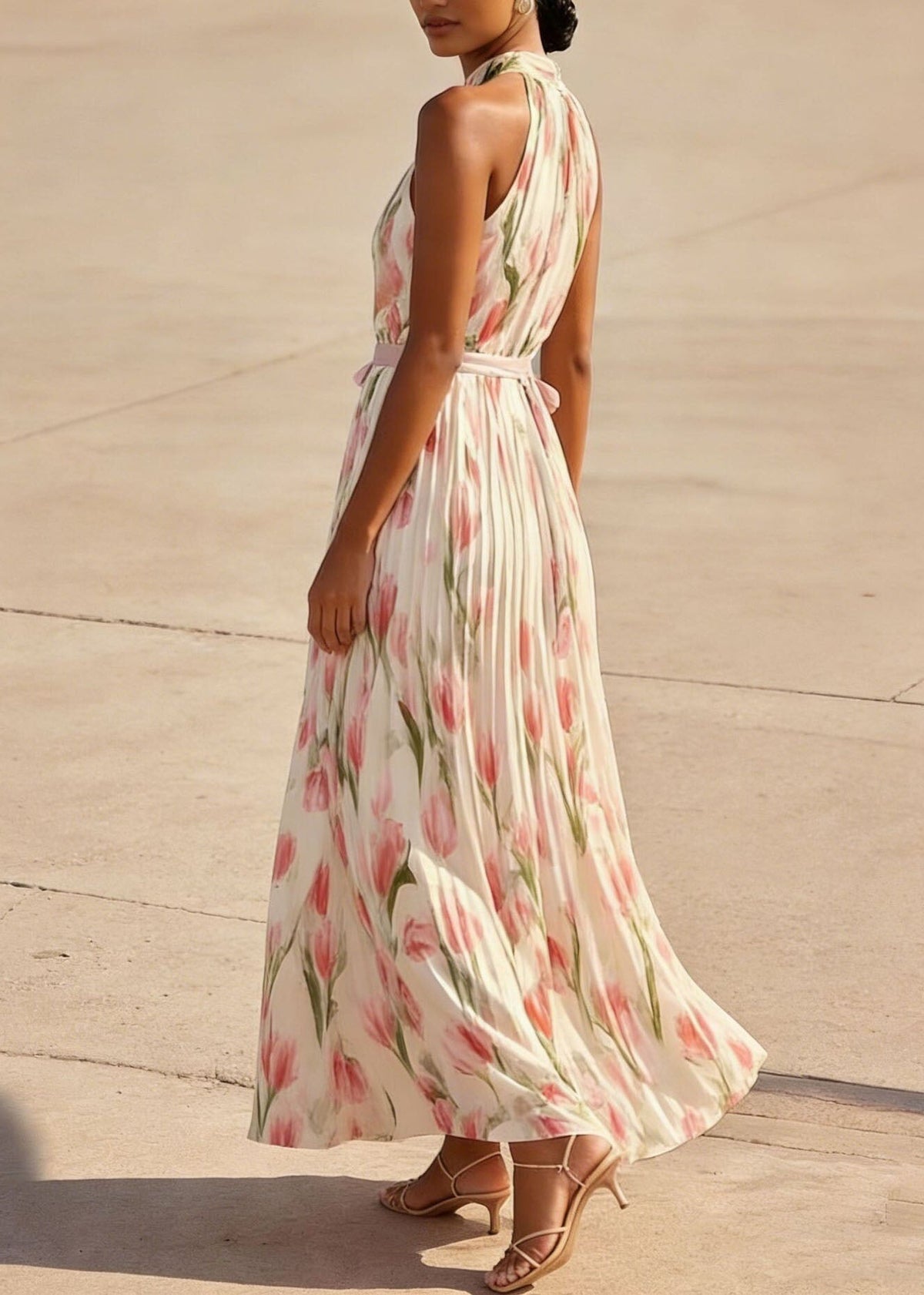 Floral Print Halter Neck Pleated Belted Chiffon Maxi Dress - View 3