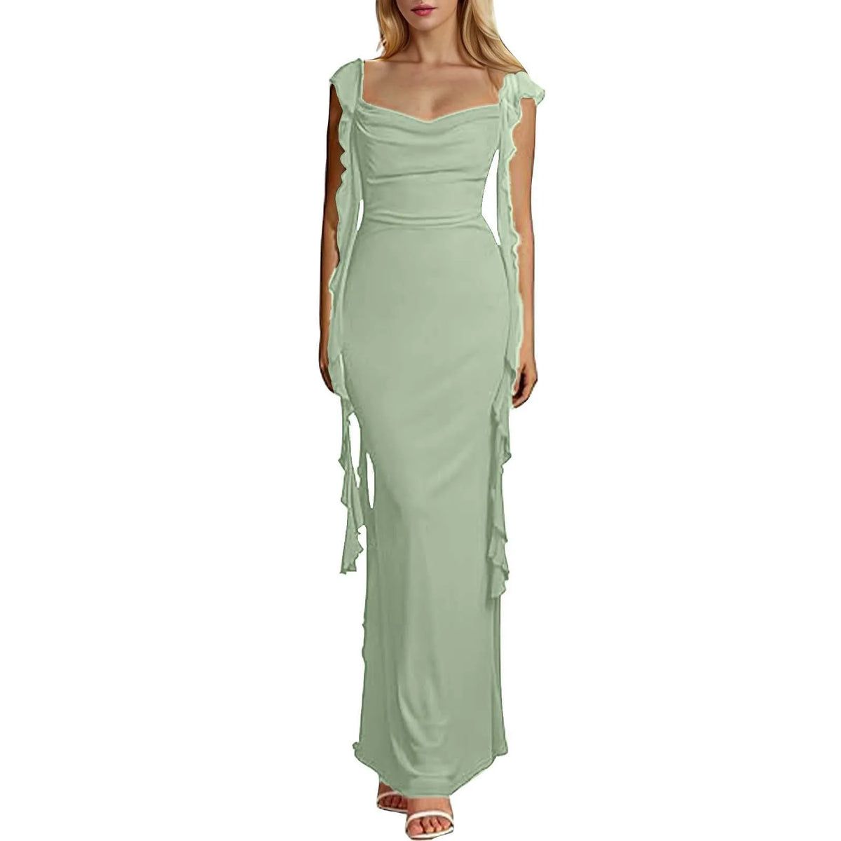 Ruffle Square Neck Backless Sleeveless Party Maxi Dress - View 4