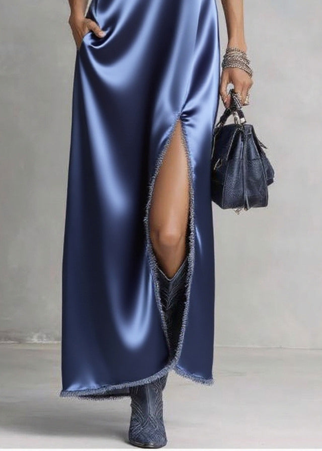 Satin High Collar Deep V-Neck Sleeveless Frayed Hem Maxi Dress - View 4