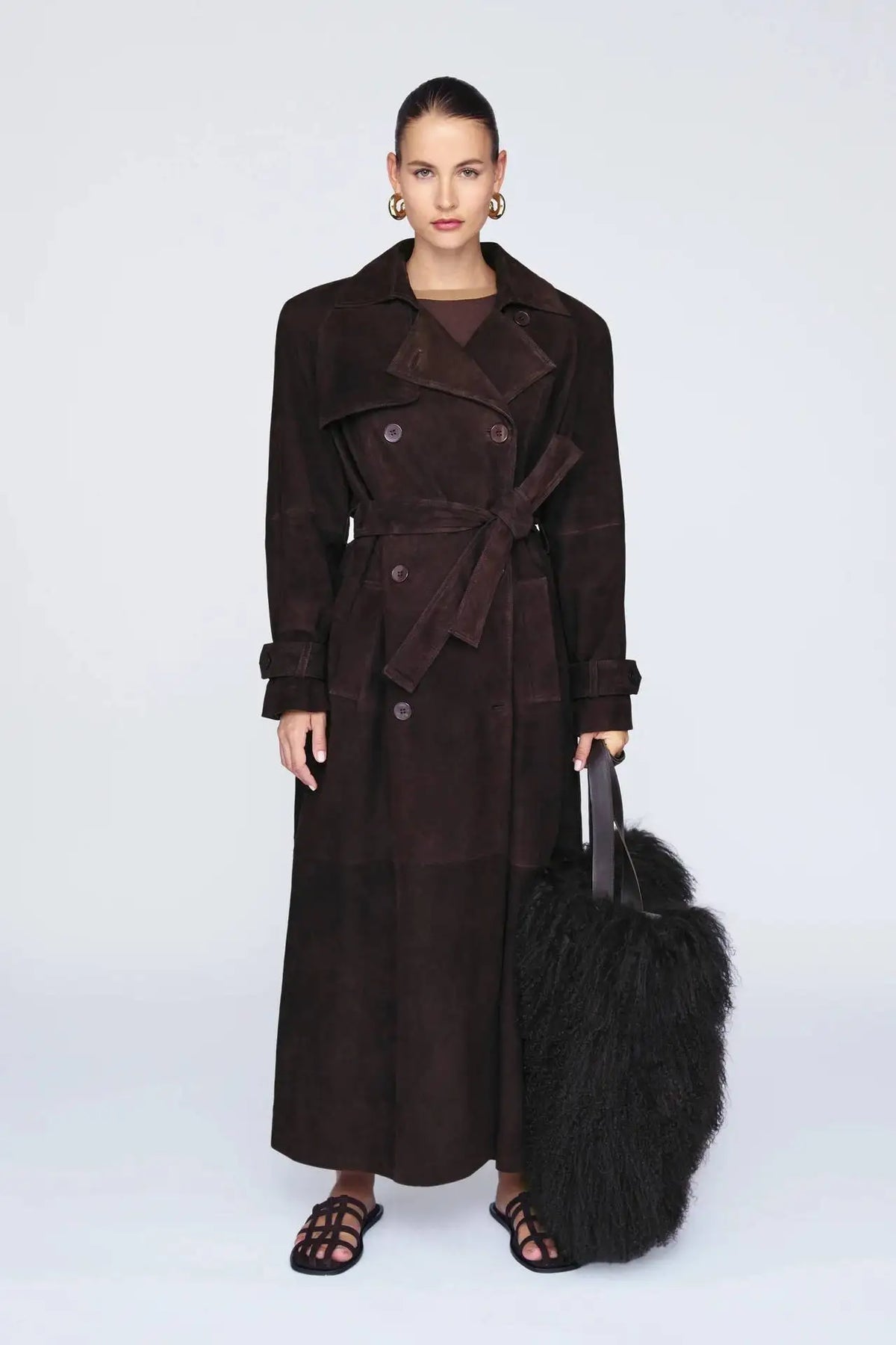 Suede Leather Chocolate Belted Overcoat Dark brown / S