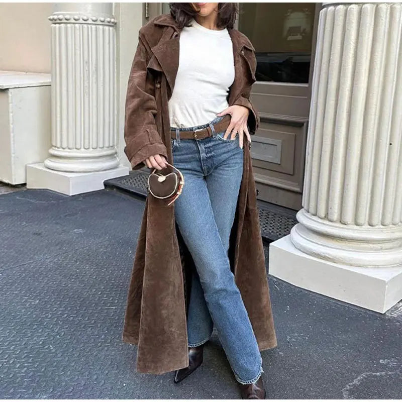 Suede Leather Chocolate Belted Overcoat