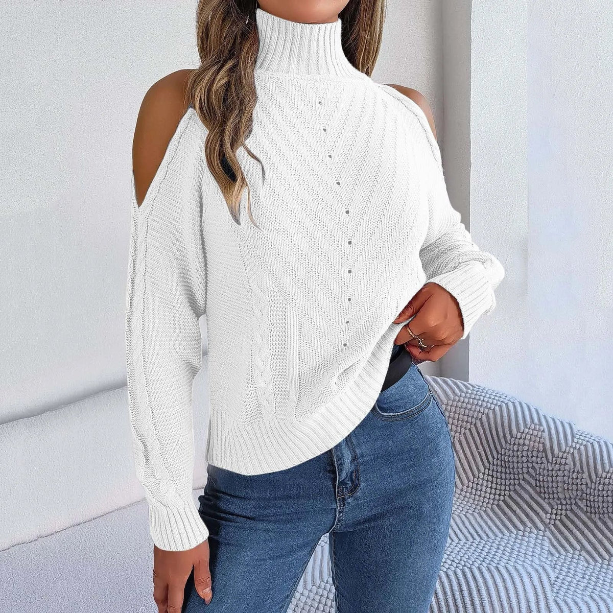 Cold Shoulder Loose Turtleneck Sweater