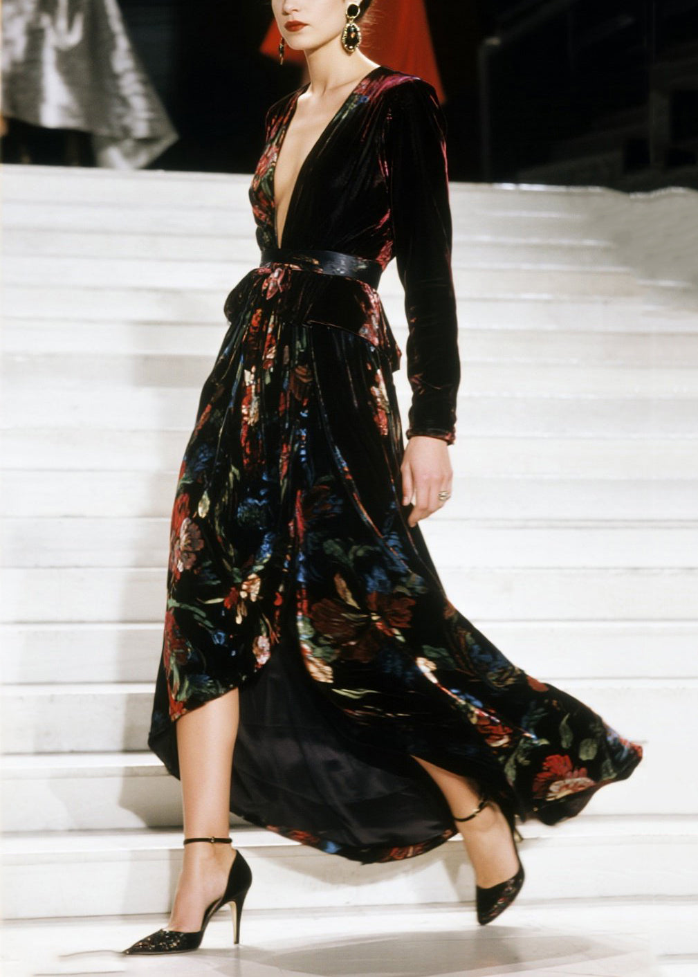 Velvet Floral Wrap Deep V-Neck Long Sleeve High Split Maxi Gown - View 3