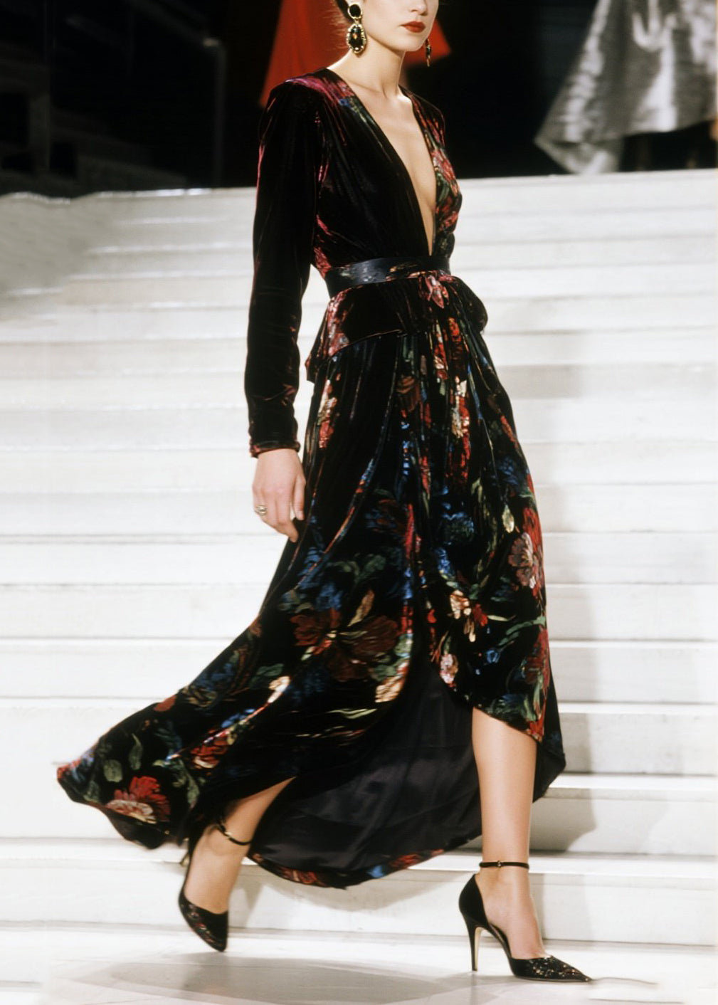 Velvet Floral Wrap Deep V-Neck Long Sleeve High Split Maxi Gown - View 5