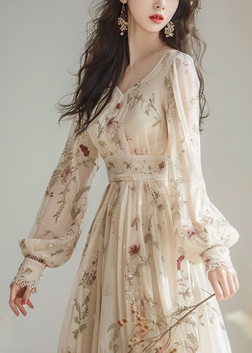 Elegant V Neck Print High Waist Chiffon Dress Long Sleeve - View 3