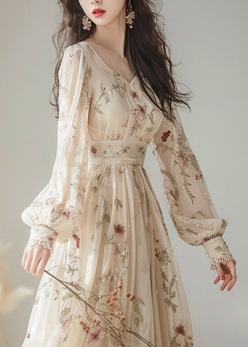 Elegant V Neck Print High Waist Chiffon Dress Long Sleeve - View 4