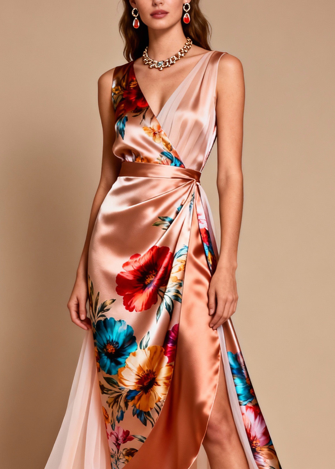 Floral Print Surplice V-Neck Wrap High Split Pleated Maxi Dress - View 2