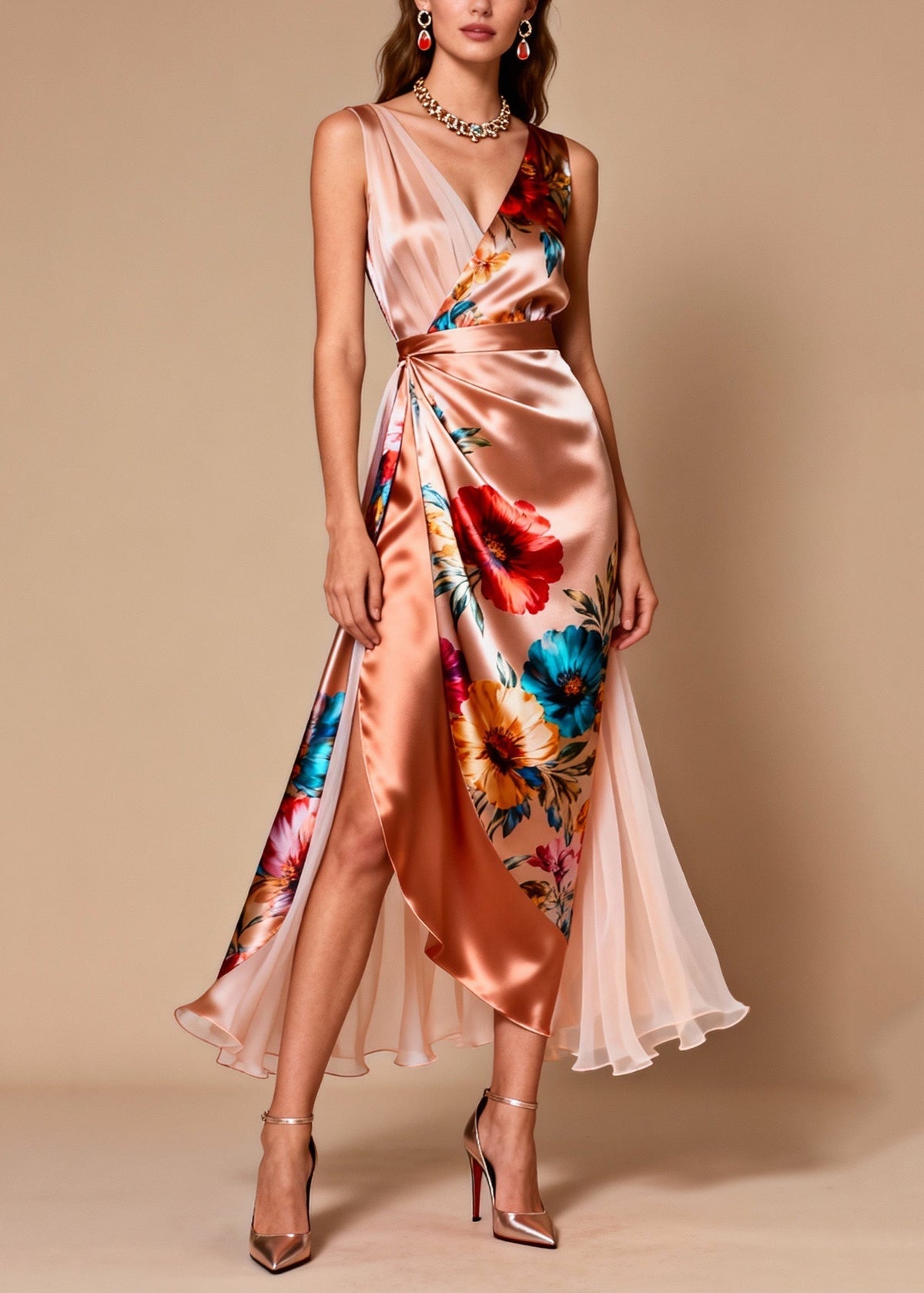 Floral Print Surplice V-Neck Wrap High Split Pleated Maxi Dress - View 3