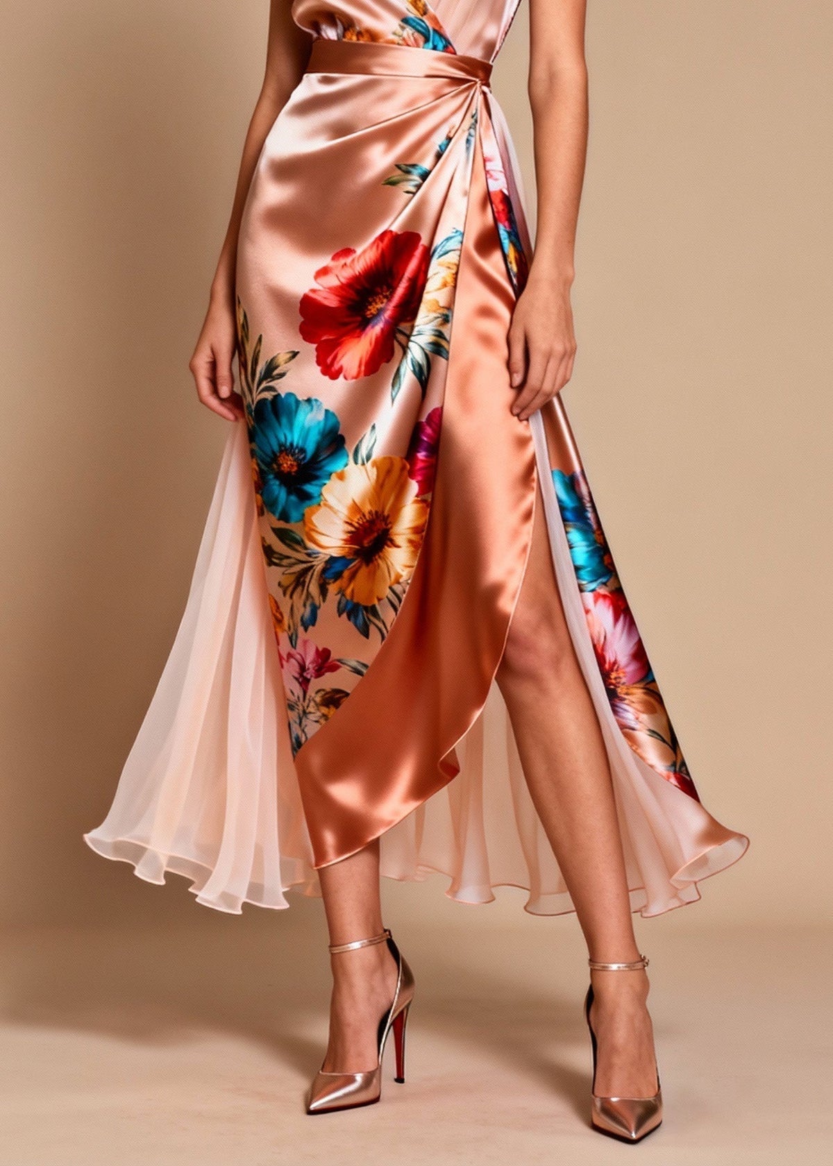 Floral Print Surplice V-Neck Wrap High Split Pleated Maxi Dress - View 4