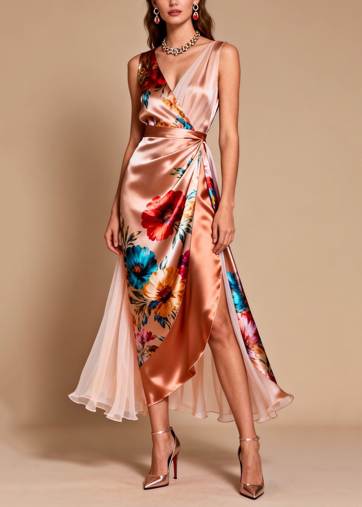 Floral Print Surplice V-Neck Wrap High Split Pleated Maxi Dress - View 5