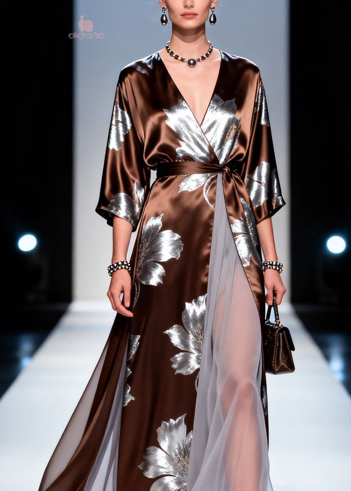 Satin Floral Print V-Neck Kimono Sleeve Tulle Panel Wrap Maxi Gown - View 2